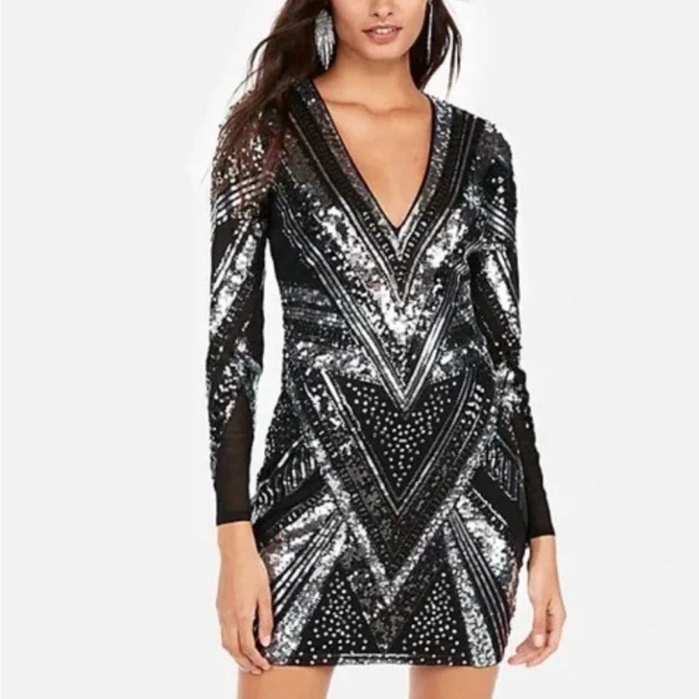 Express Black and Silver Sequin Long Sleeve Dress